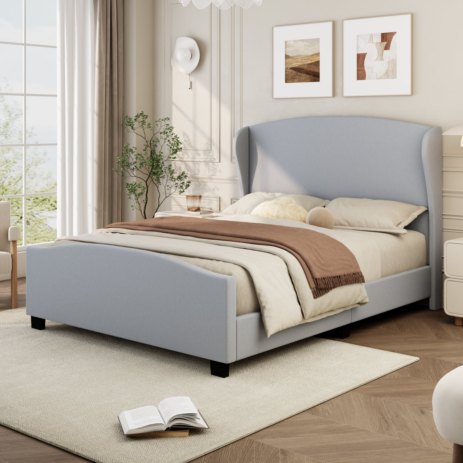 Queen Size 51" High Headboard Wingback Linen Upholstered Bed No Box Spring Needed, Gray