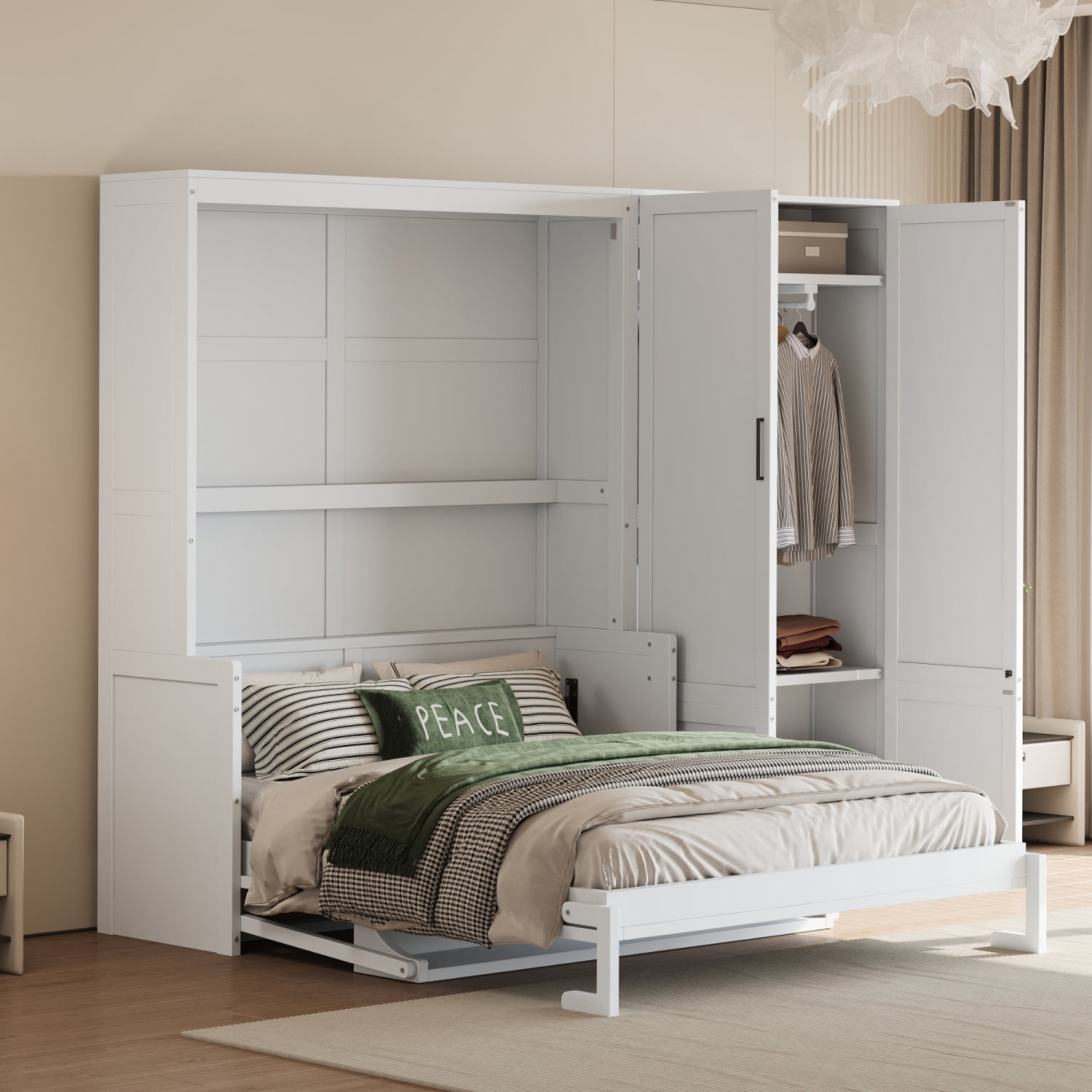 Murphy Bed with Closet and Wardrobe, Versatile Wall Bed, Foldable Murphy Cabinet, Queen Size, White