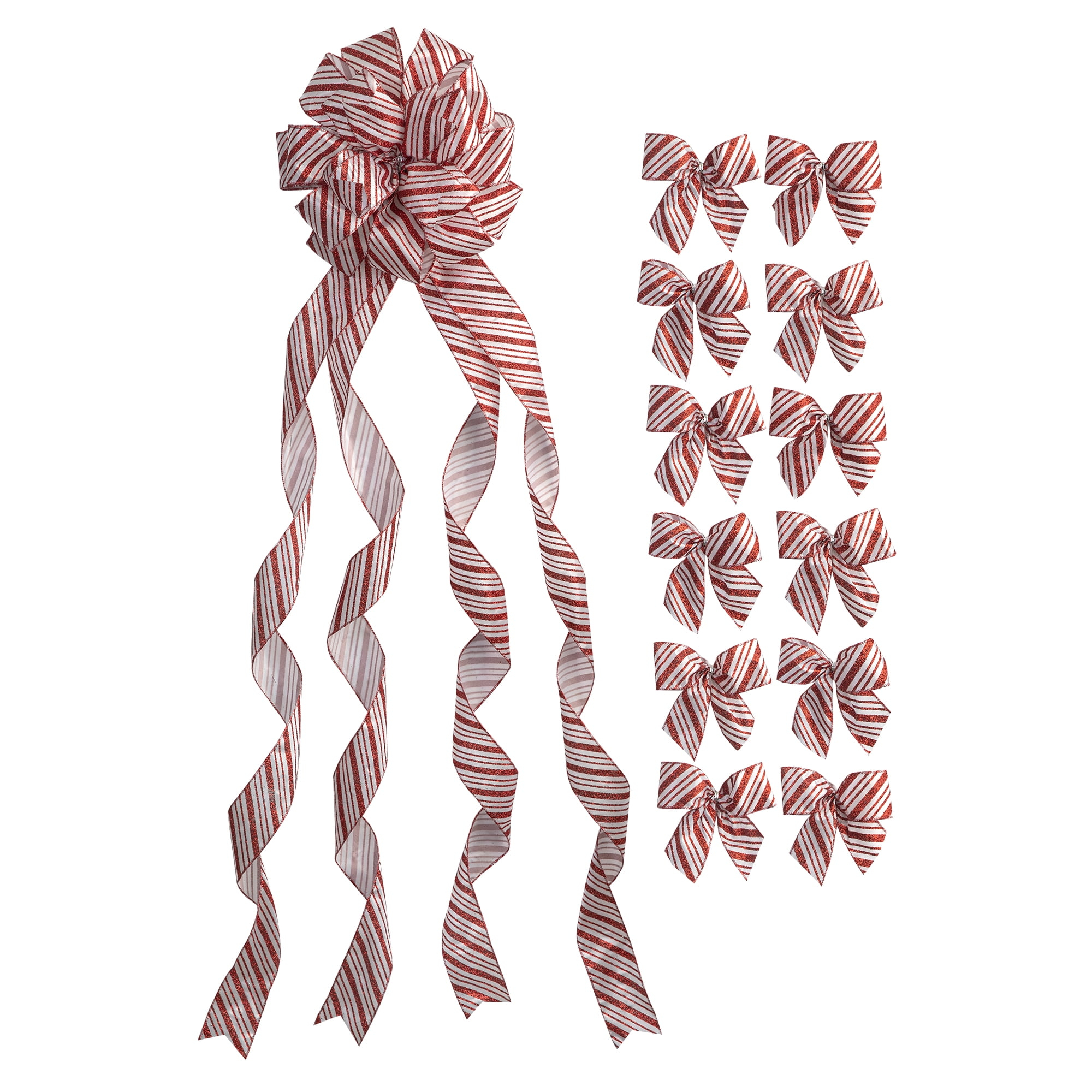 New Traditions Large Glitter Candy Cane Stripe Ribbon Christmas Tree Topper Bow and 12 Mini Bows, 13 Pieces