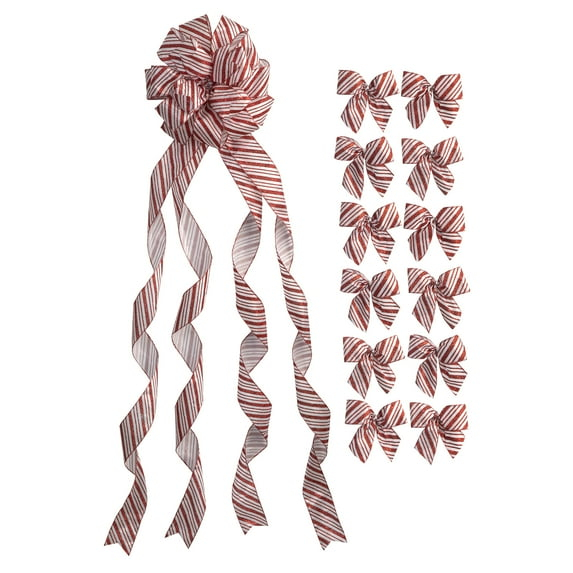 New Traditions Large Glitter Candy Cane Stripe Ribbon Christmas Tree Topper Bow and 12 Mini Bows, 13 Pieces