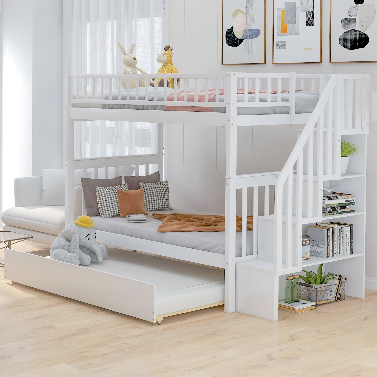 New Twin over Twin Bunk Bed with Trundle and Storage, White