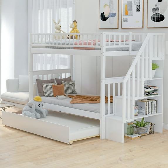 New Twin over Twin Bunk Bed with Trundle and Storage, White