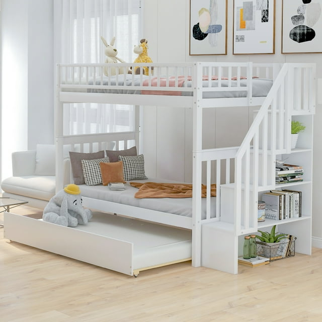 New Twin over Twin Bunk Bed with Trundle and Storage, White