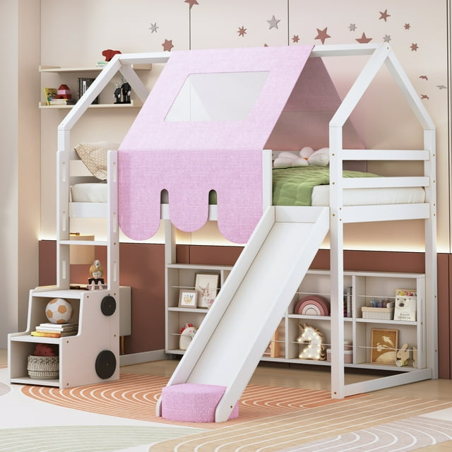 Twin Size Loft Bed, House Shaped Solid Wood Loft Bed with Tent, Slide and Functional Ladder for Kids, Girls & Boys (White+Pink, Twin)