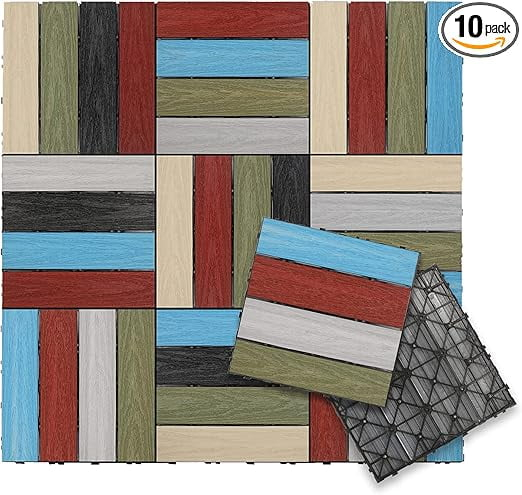 NewTechWood – UltraShield Naturale Deck Tiles for Outdoor Flooring, Weather-Resistant Patio Flooring, Set of 10 1x1-foot Interlocking Deck Tiles, Outdoor Patio Tiles, Rainbow