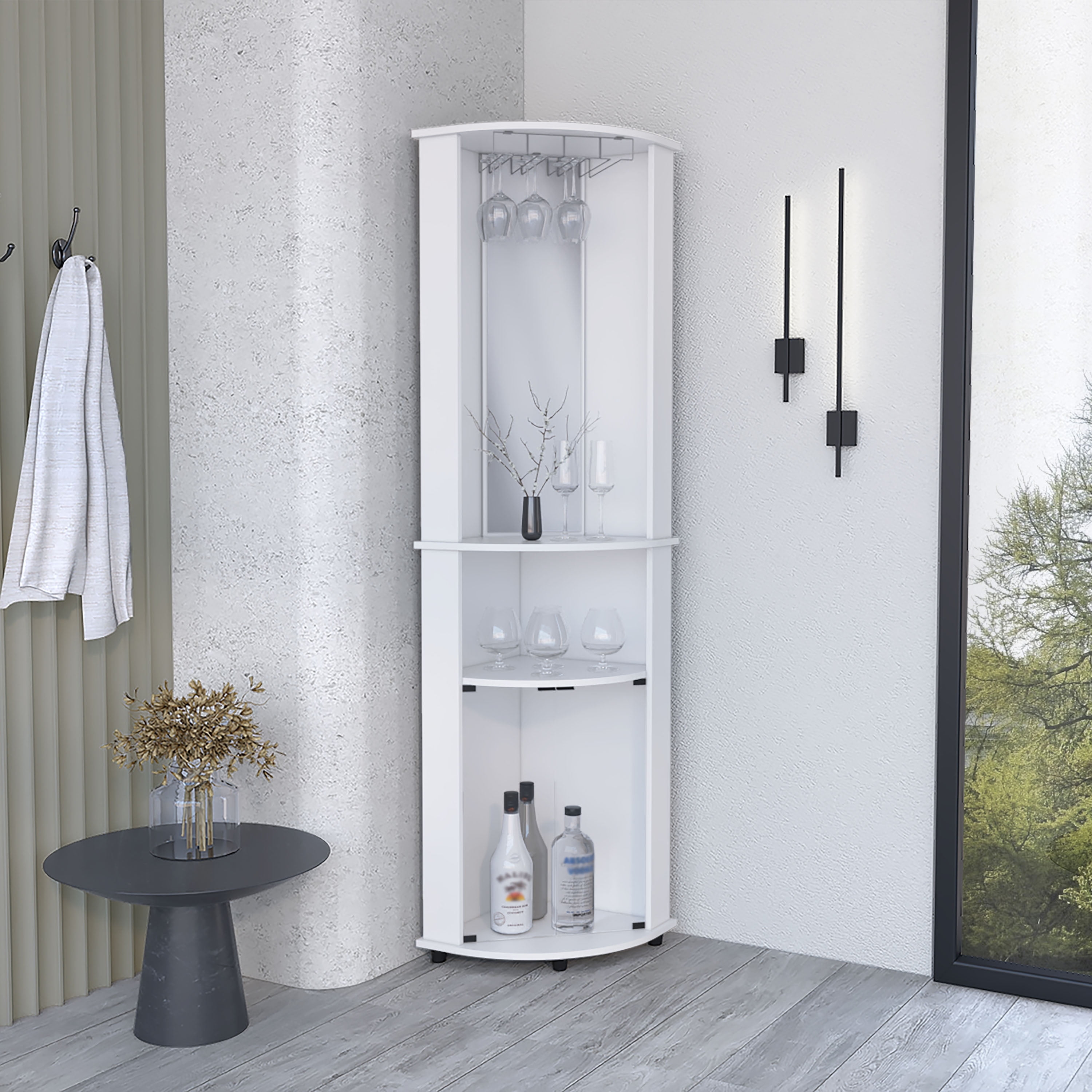 Newboti Furniture Corner Bar Cabinet Unit With Wine Glass Rack And Lower Cabinet, White 2137