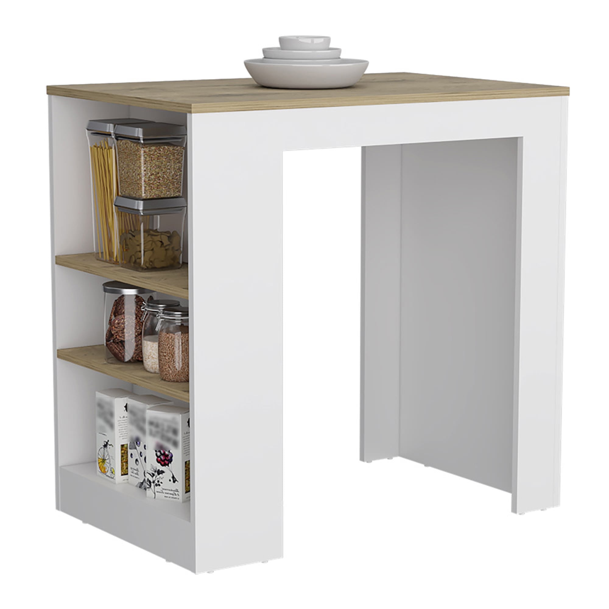 We Have Furniture Kitchen Island Doyle, Three Side Shelves, White and Light Oak Finish