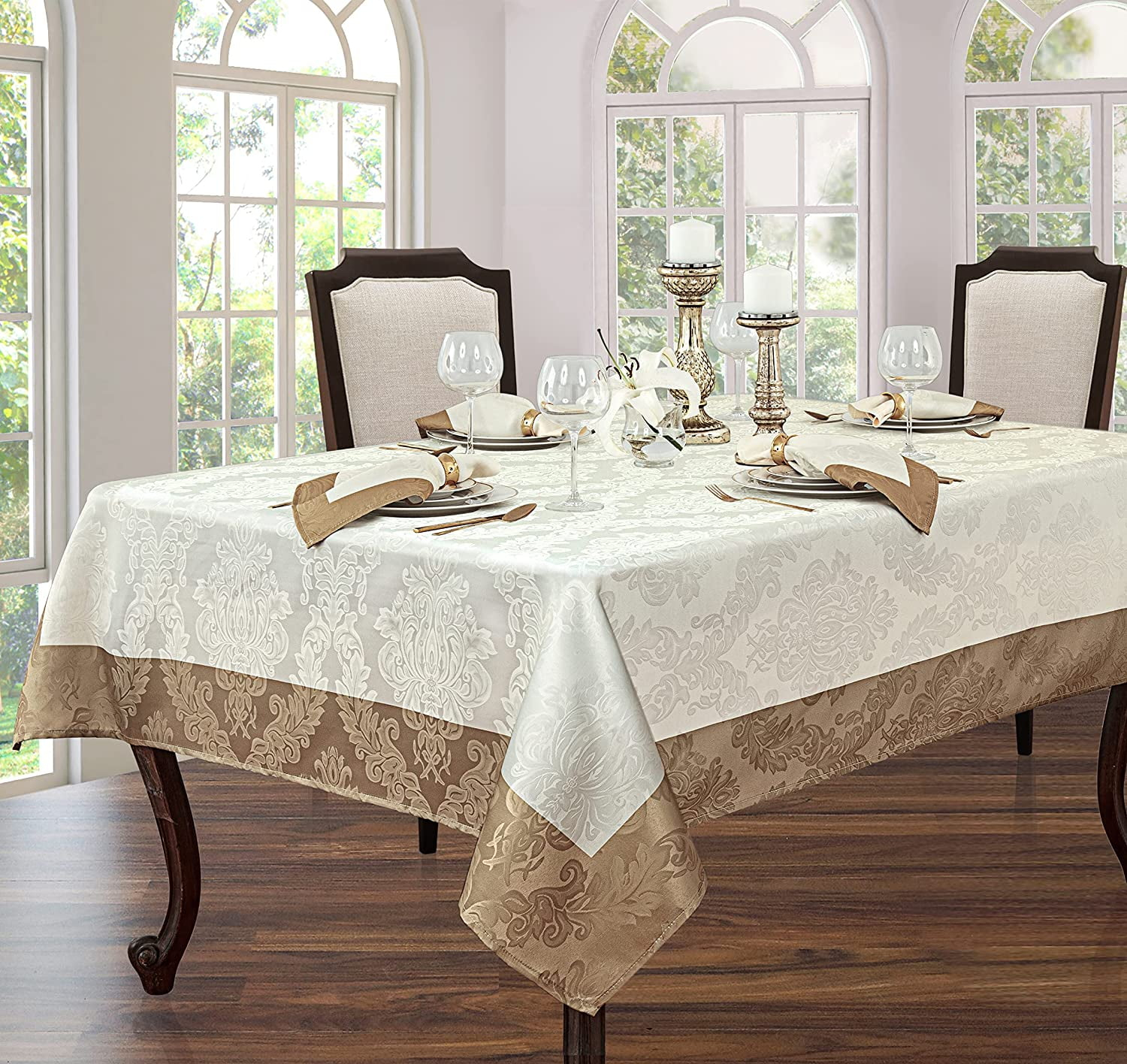 Newbridge Valencia Two Tone Bordered Damask Fabric Tablecloth, Wrinkle and Stain Resistant Fine Dining Holiday Hotel Quality Tablecloth, 52 Inch x 70 Inch Oblong/Rectangle, Antique Ivory/Gold