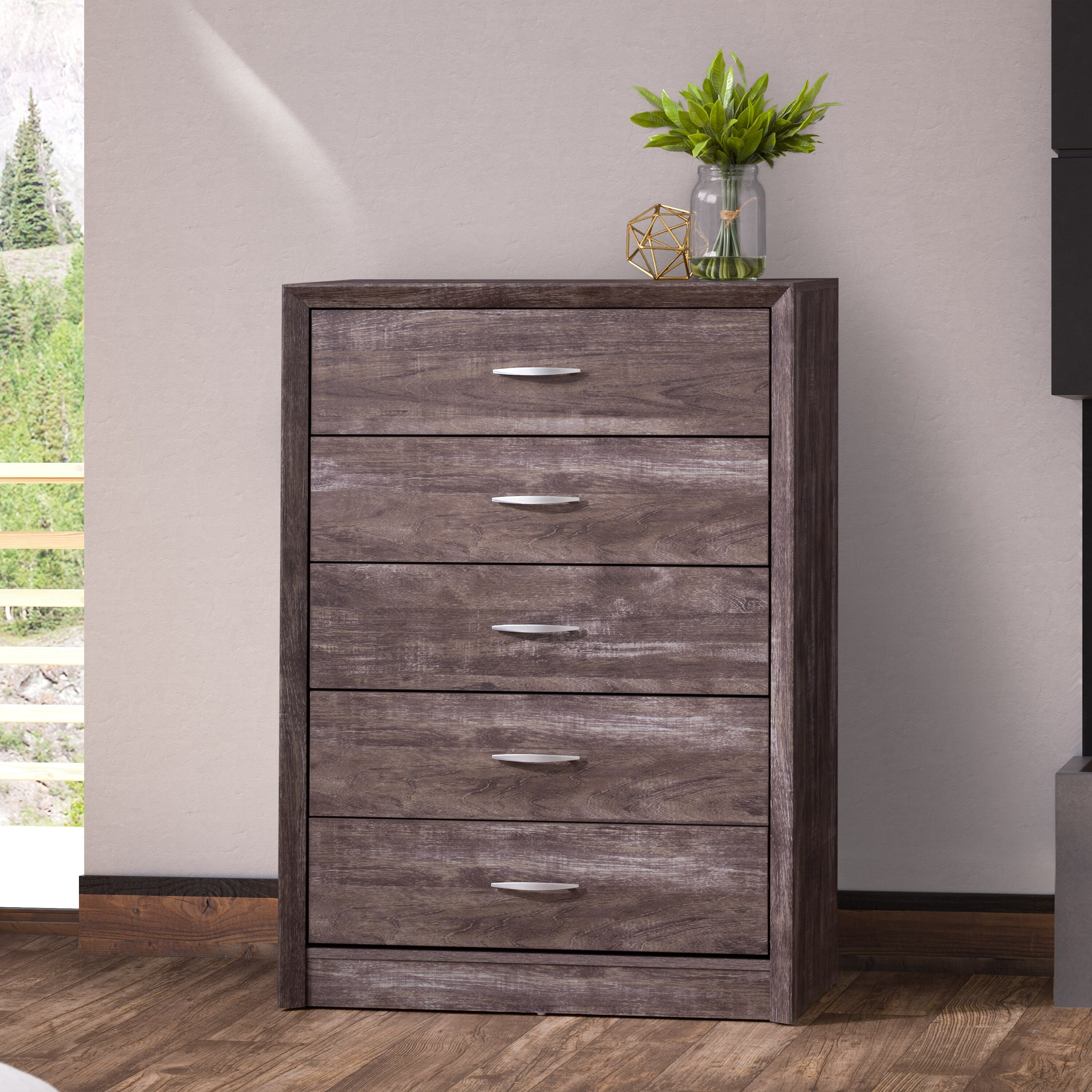 CorLiving Newport Mid Century Modern Brown-Washed Engineered Wood 5-Drawer Tall Dresser for Bedroom - Large, Tall Chest of Drawers - Perfect Bedroom Furniture and Dressers for Clothes Storage