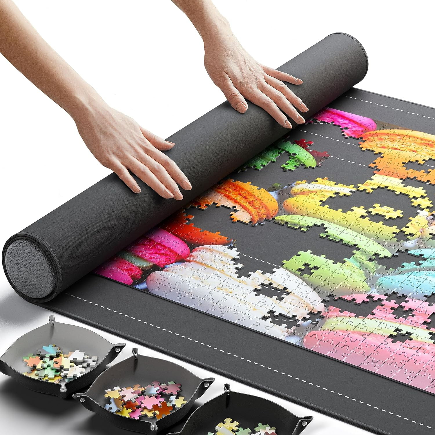 Newverest Jigsaw Puzzle Mat Roll-Up, 46" x 26", Non-Slip Rubber, Holds Up to 1500 Pieces, Includes 3 Sorting Trays and Storage Bag