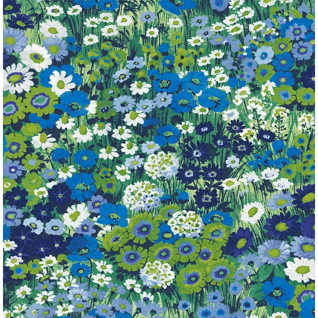 NextWall Bright Blue & Sap Green Floral Meadow Peel and Stick Wallpaper