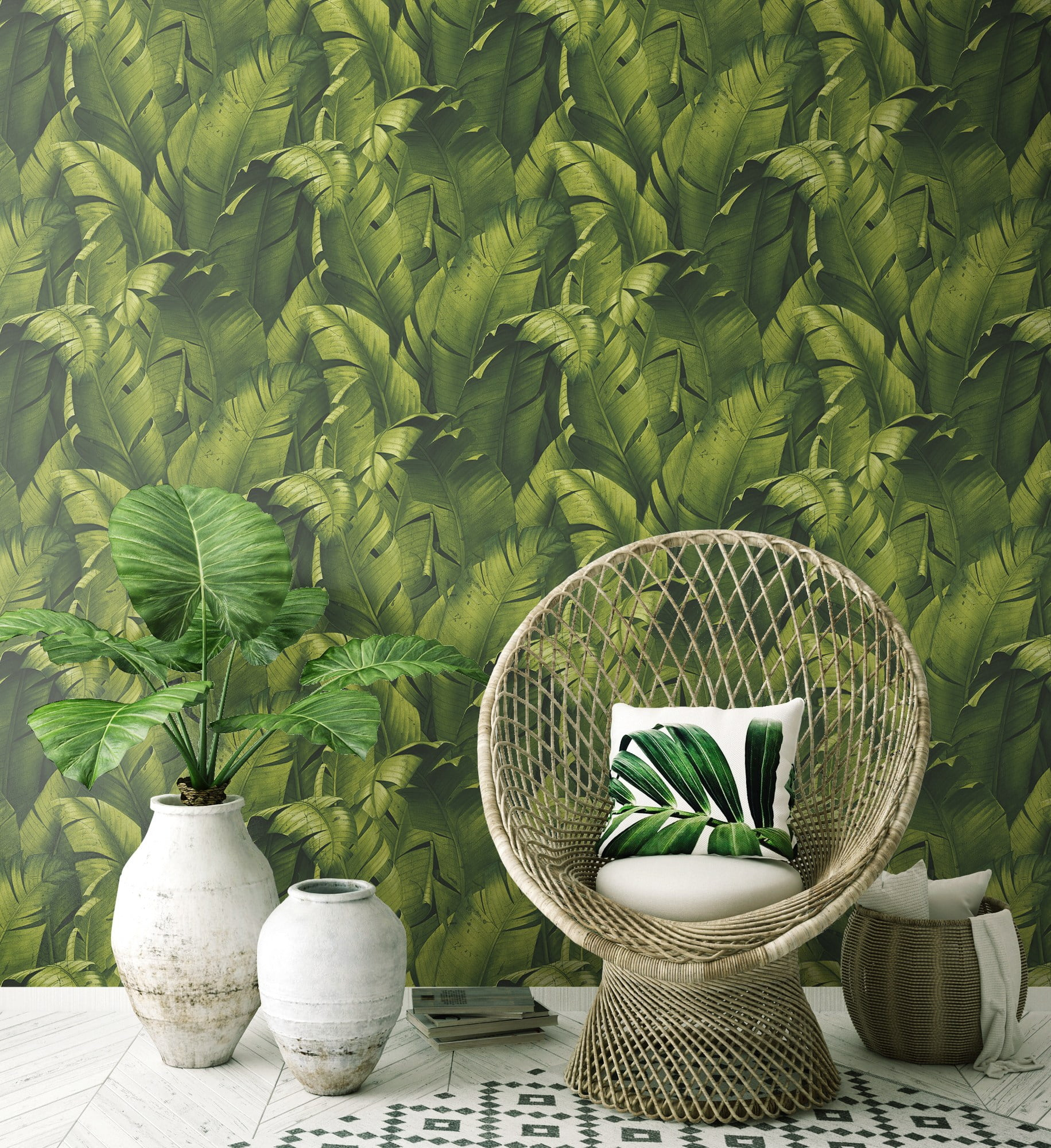 NextWall NW31000 Tropical Banana Leaves Peel & Stick Wallpaper, Green