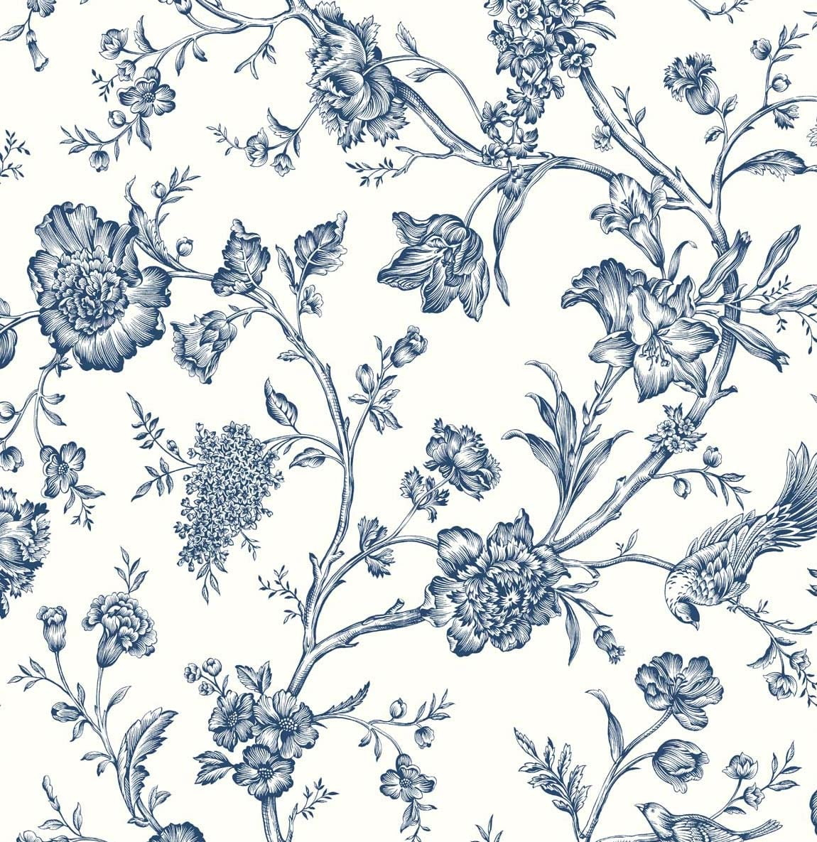 NextWall Navy Blue Jasmine Chinoiserie Peel and Stick Wallpaper