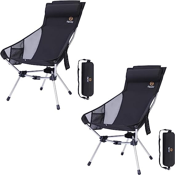 Nice C Ultralight High Back Folding Camping Chair, Backpacking Chair, Compact & Heavy Duty Outdoor, Travel, Picnic, Festival with 2 Side Pockets, Pillow &Carry Bag (Set of 1 Black)