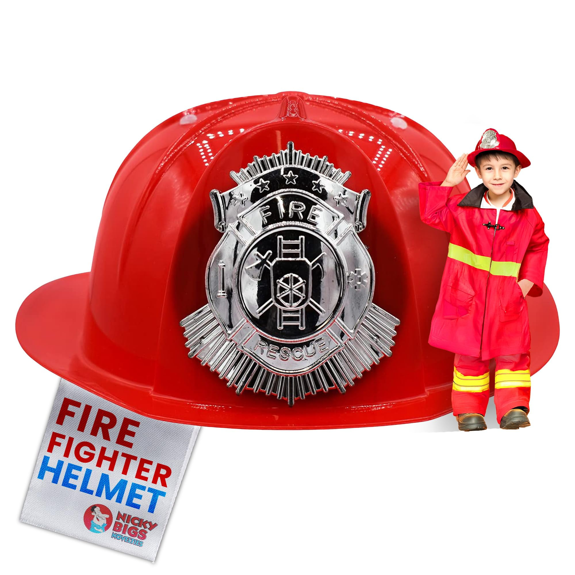 Nicky Bigs Novelties Child Deluxe Red Firefighter Helmet Costume Accessory Kids Fireman Hat Costume