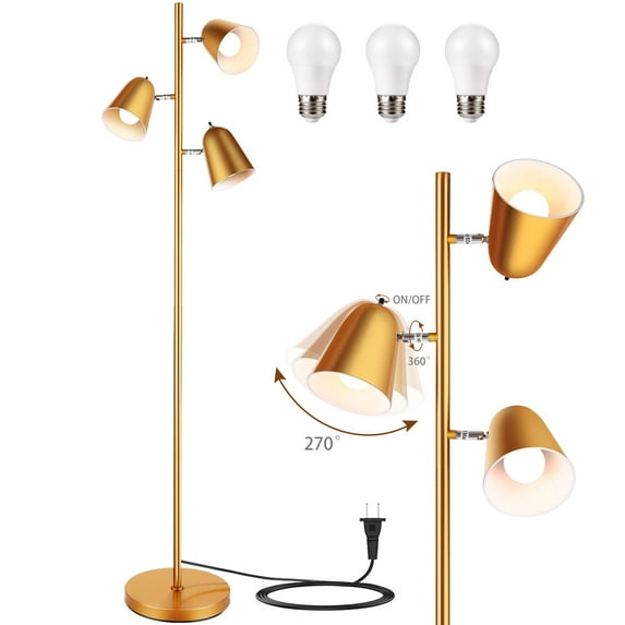 Devo 3 Light LED Floor Lamp, Modern Tree Design with Edison Bulbs, 360° Rotating Shades & Individual Switches, Super Bright Standing Lamp for Living Room, Bedroom, Tall Adjustable Pole Light