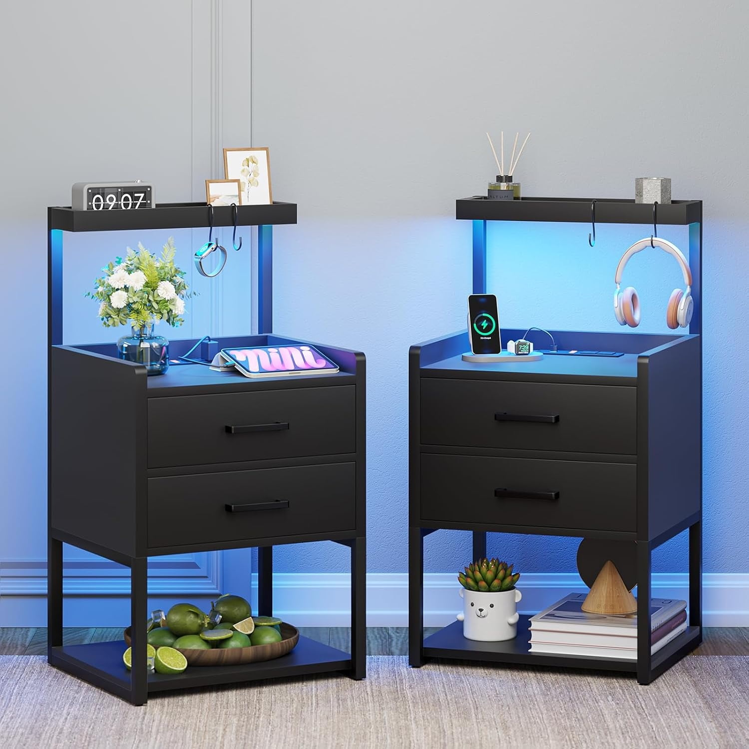 Afuhokles Led Nightstand with Charging Station,2 Drawers Night Stands with Led Lights, Black Bedside Tables with Storage Shelves