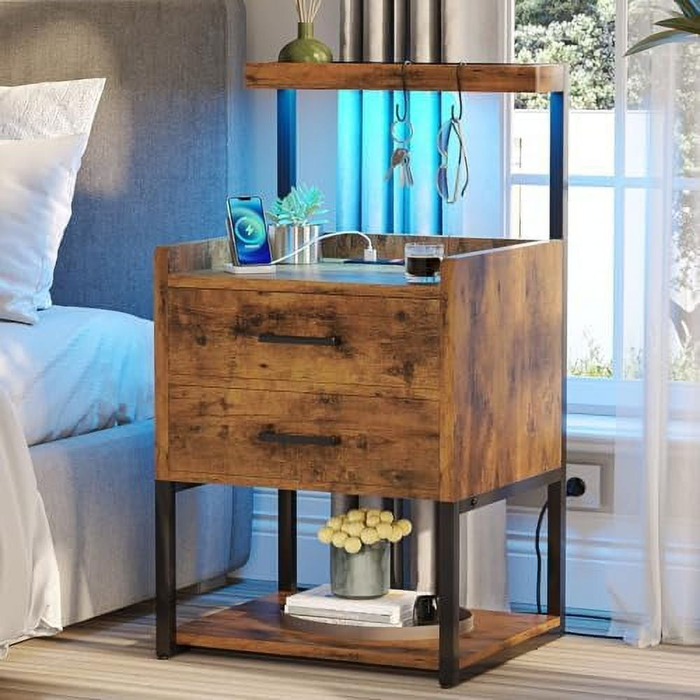 Brown LED Night Stand with Charging Station, Modern Bedside Table for Bedroom