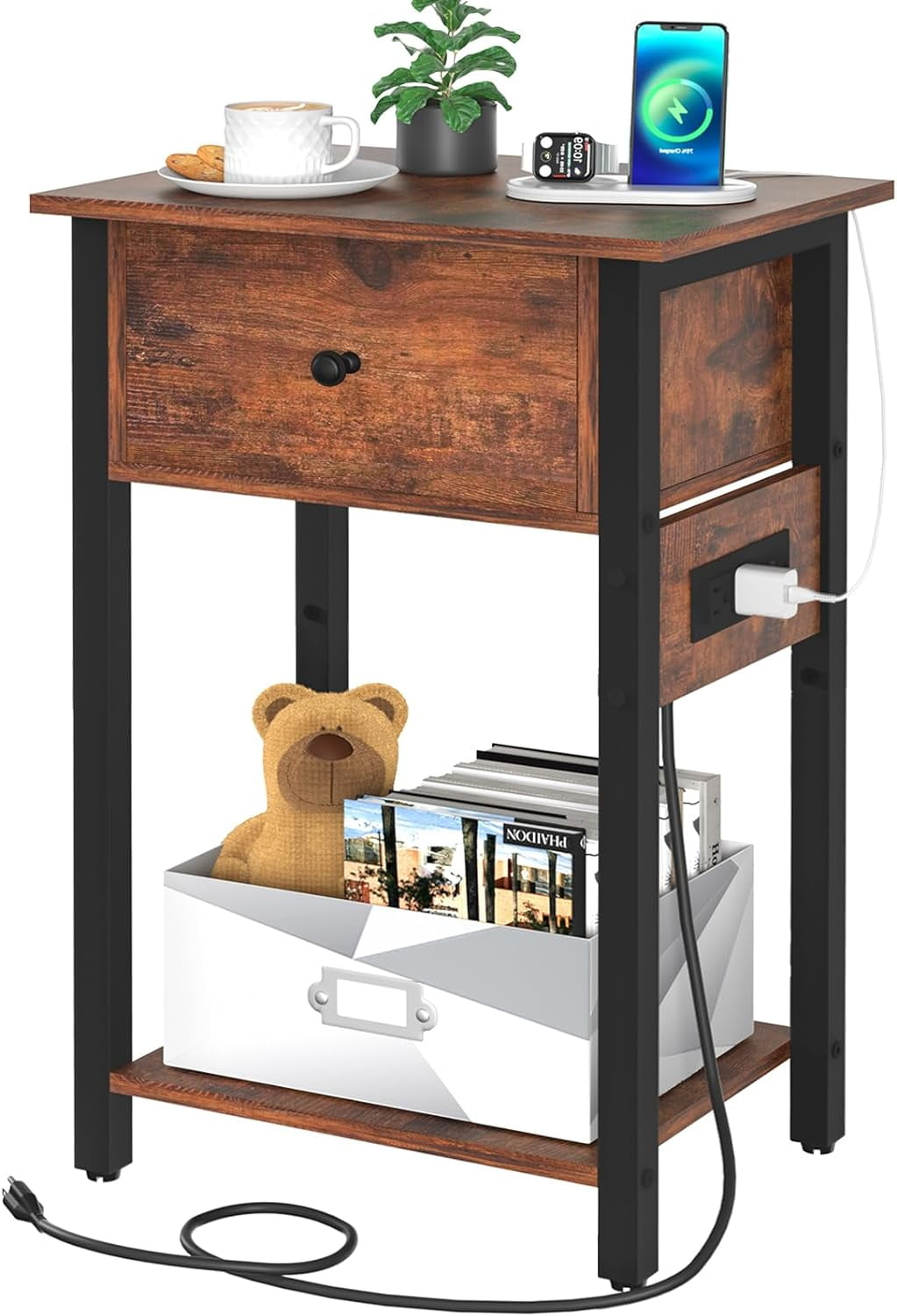 Yoobure Nightstand with Charging Station, Side Table End Table with Large Drawer and Storage Shelf, Bed Side Table/Night Stand with USB Ports & Outlets, Rustic Bedside Tables for Bedroom, Living Room