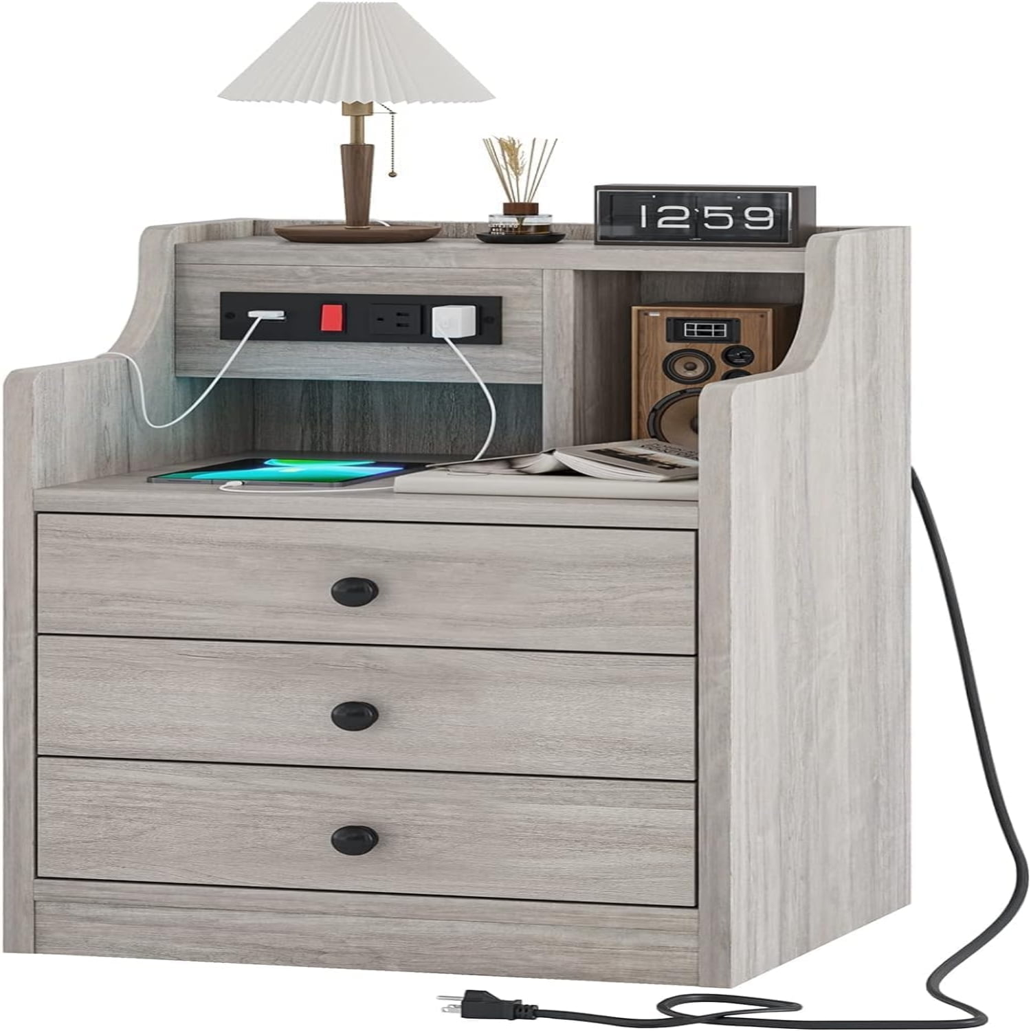 Drevy Nightstand with Charging Station, Night Stand with Hutch & Storage Drawers, End Table Side Table Bedroom,Grey
