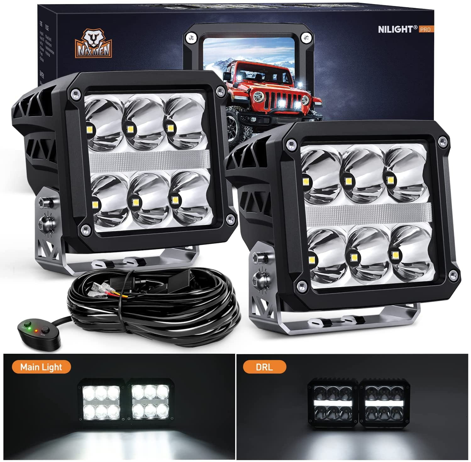 Nilight 4 Pulgadas Cuadrada Pod con DRL 6487LM 10 ° Súper Punto 16AWG Kit de Arnés de Cableado para Trabajos Auxiliares de Conducción Todoterreno 4x4 Jeep Llevó la Luz Antiniebla Automotriz Se Adapta a Camión, UTV, ATV, SUV, 60W