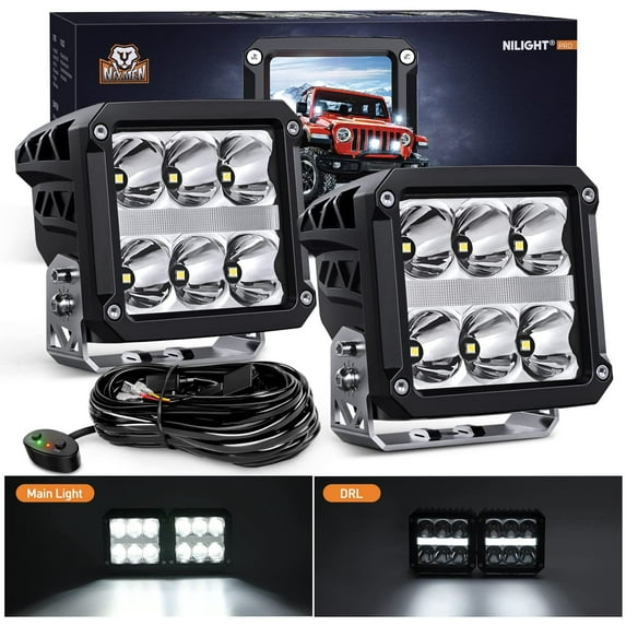 Nilight 4 Pulgadas Cuadrada Pod con DRL 6487LM 10 ° Súper Punto 16AWG Kit de Arnés de Cableado para Trabajos Auxiliares de Conducción Todoterreno 4x4 Jeep Llevó la Luz Antiniebla Automotriz Se Adapta a Camión, UTV, ATV, SUV, 60W