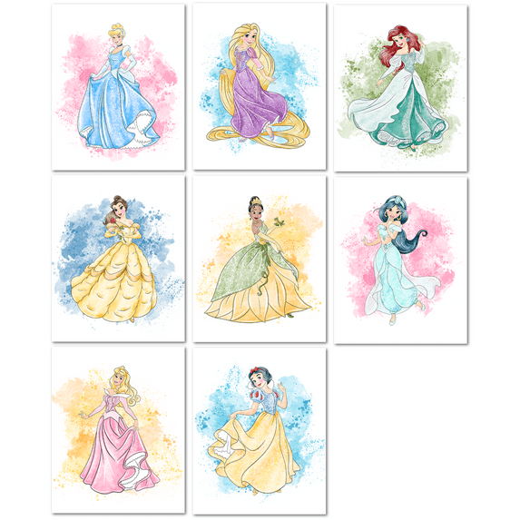 Nistio® Disney Princess Watercolor Prints, Princess Wall Art Posters, Set of 8, Girls Bedroom Poster, Princess Playroom Decor, Nursery Prints, Unframed, 8x10"