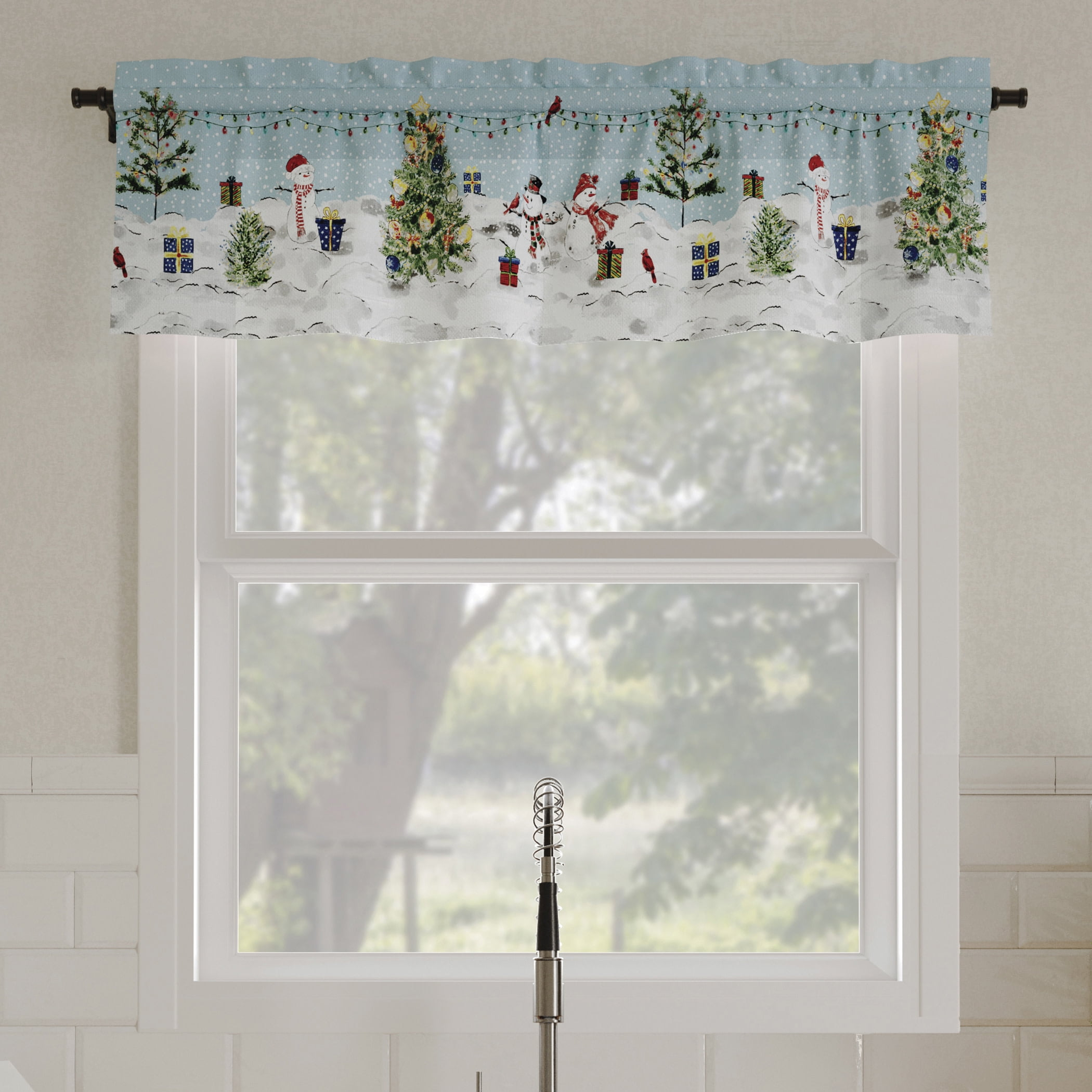 No. 918 Holiday Wonderland 1-Piece Semi-Sheer Rod Pocket Kitchen Curtains, 54"x14", Blue