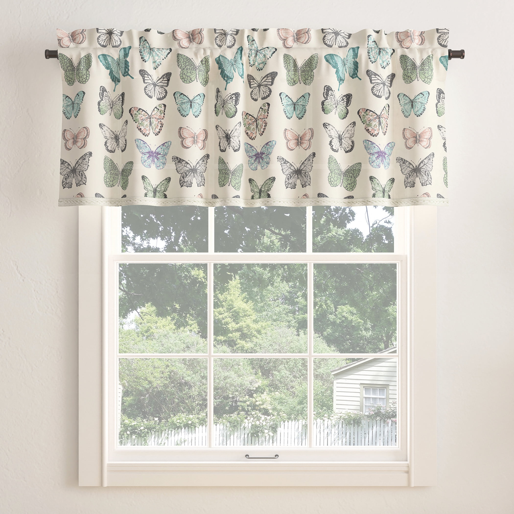 No. 918 Magdalena Butterfly Print Embroidered Trim Semi-Sheer Rod Pocket Curtain Valance, 54"x18", Blue