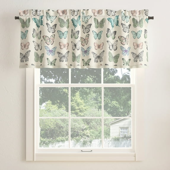 No. 918 Magdalena Butterfly Print Embroidered Trim Semi-Sheer Rod Pocket Curtain Valance, 54"x18", Blue