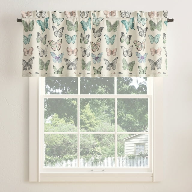 No. 918 Magdalena Butterfly Print Embroidered Trim Semi-Sheer Rod Pocket Curtain Valance, 54"x18", Blue