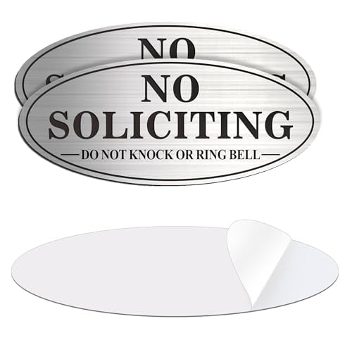 No Soliciting Sign, No Solicitors Sign for Front Door, 2 Pack Self-Adhesive Aluminum Metal No Solitation Do Not Knock or Ring Bell Sign, 7.0 x 3.0 inches Weather Resistant Signs for Home Doorbell Busi