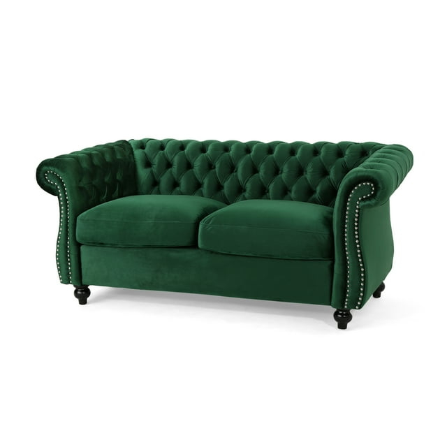 Noble House Aaniya Velvet Tufted Chesterfield Loveseat Sofa, Emerald