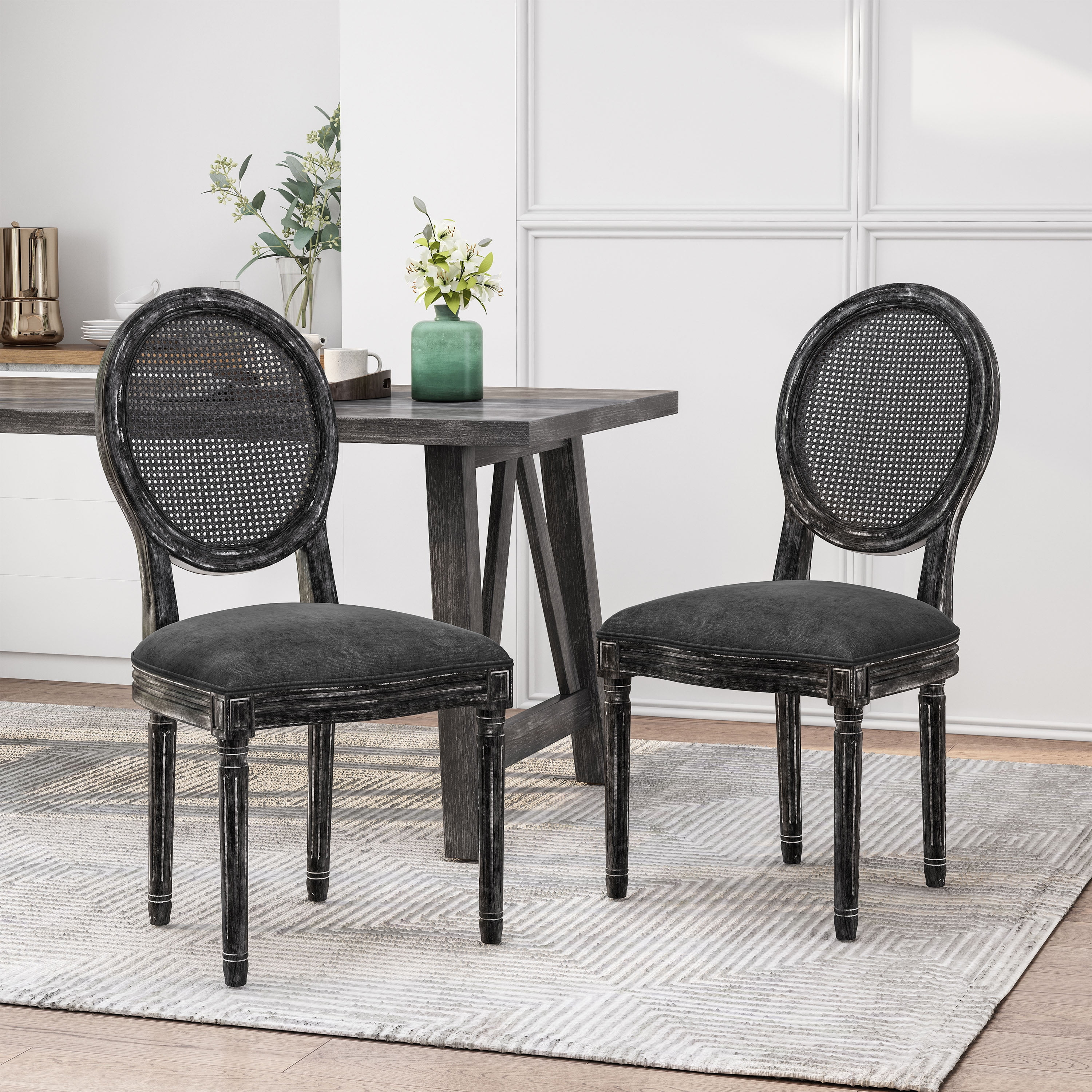 Noble House Acorn French Wood and Cane Upholstered Dining Chair, Set of 2, Gray