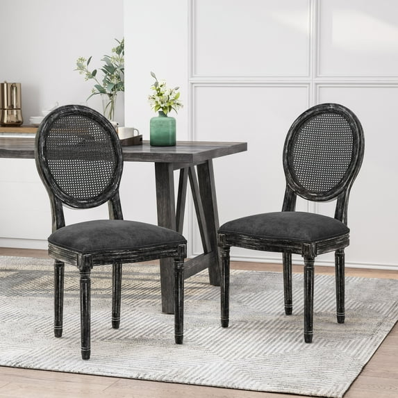 Noble House Acorn French Wood and Cane Upholstered Dining Chair, Set of 2, Gray