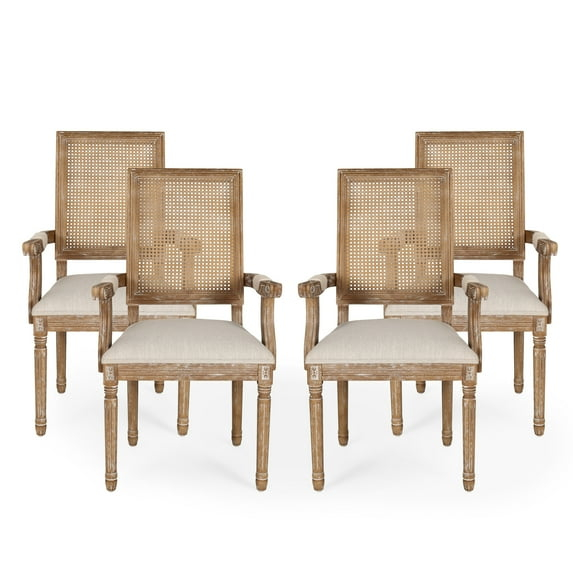 Noble House Aisenbrey Indoor Wood and Cane Upholstered Dining Chair, Set of 4, Beige and Natural