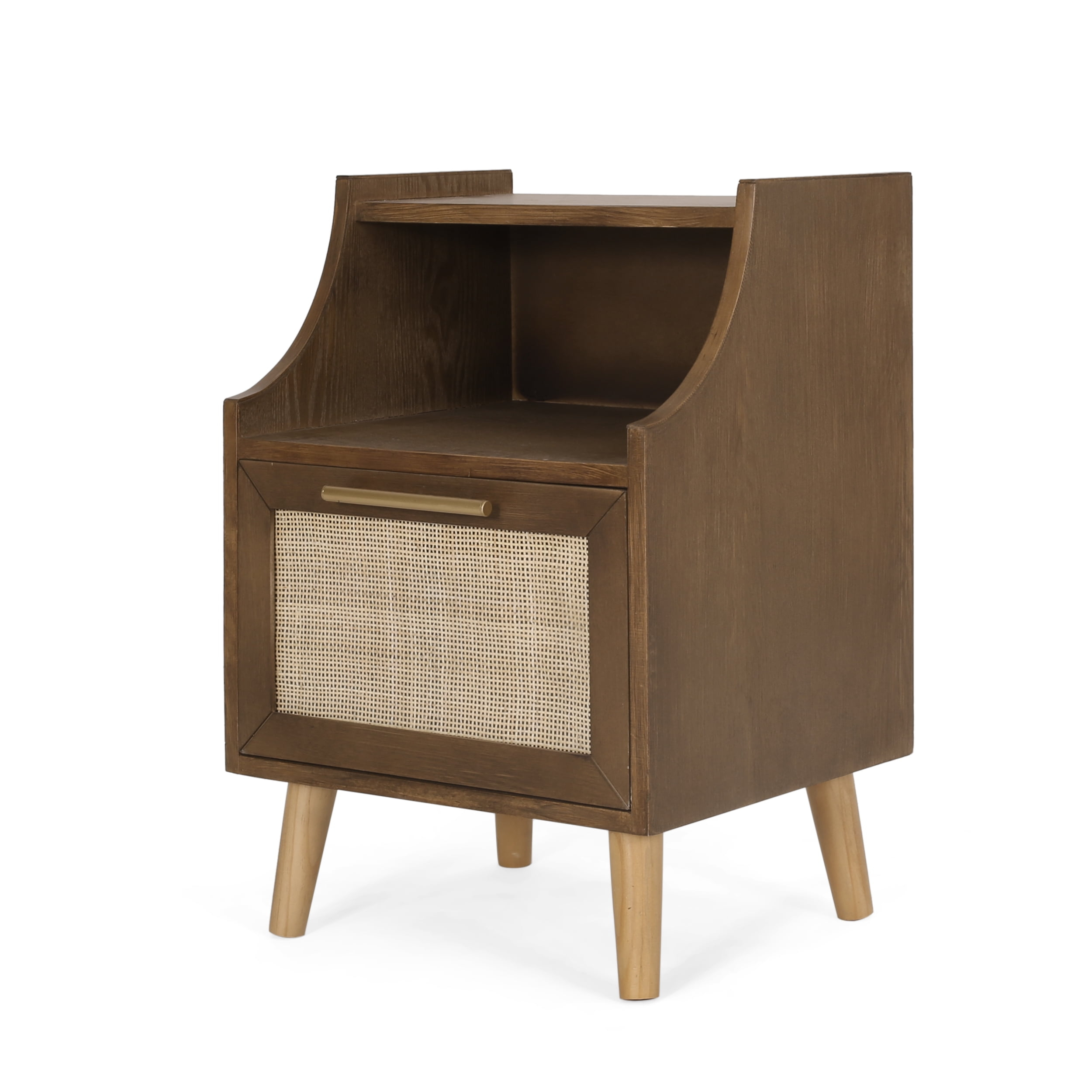 Noble House Barrere End Table with Hutch, Walnut, Natural, and Antique Gold
