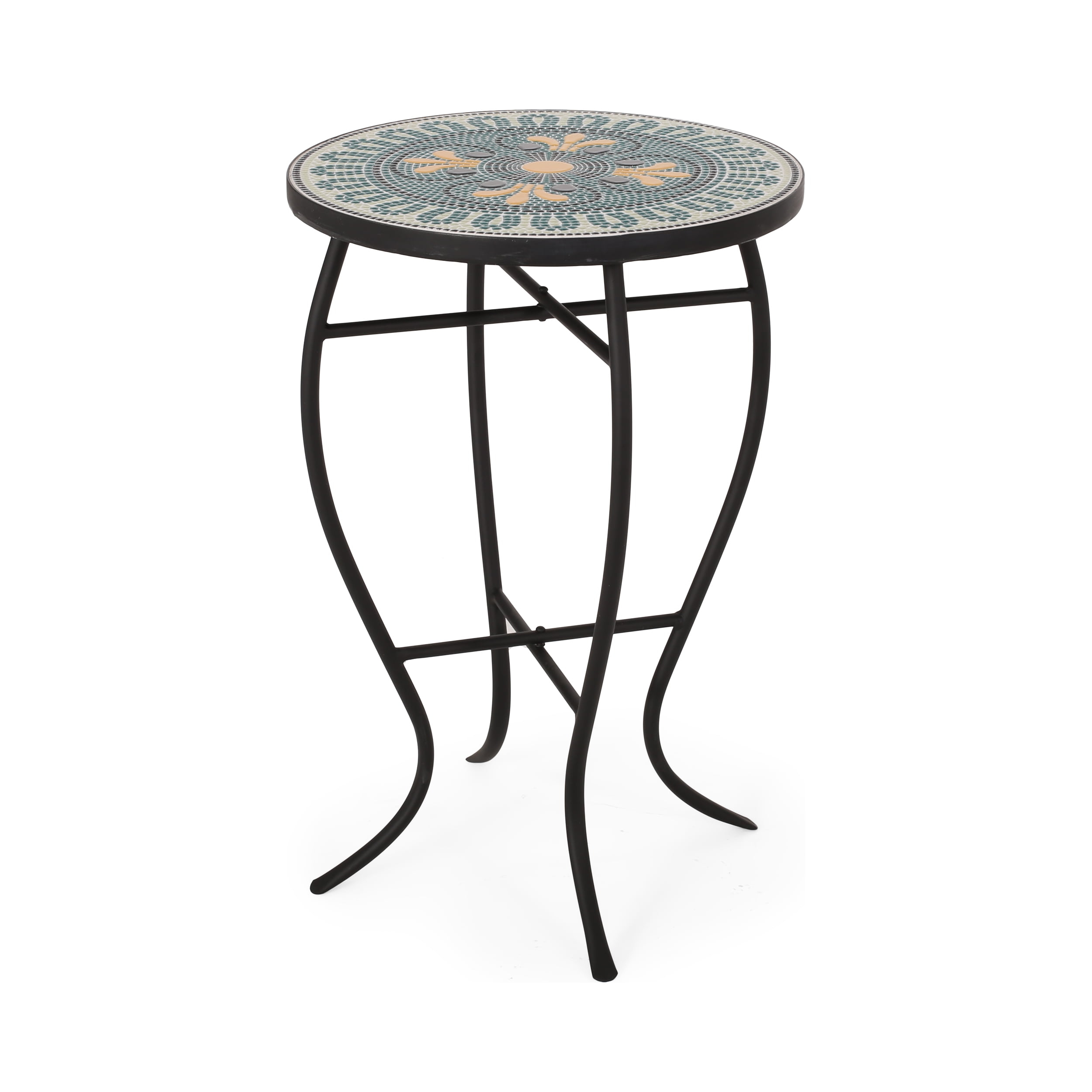 Noble House Bloomfield Outdoor Iron Side Table with Tile Top - Teal/Yellow/Black