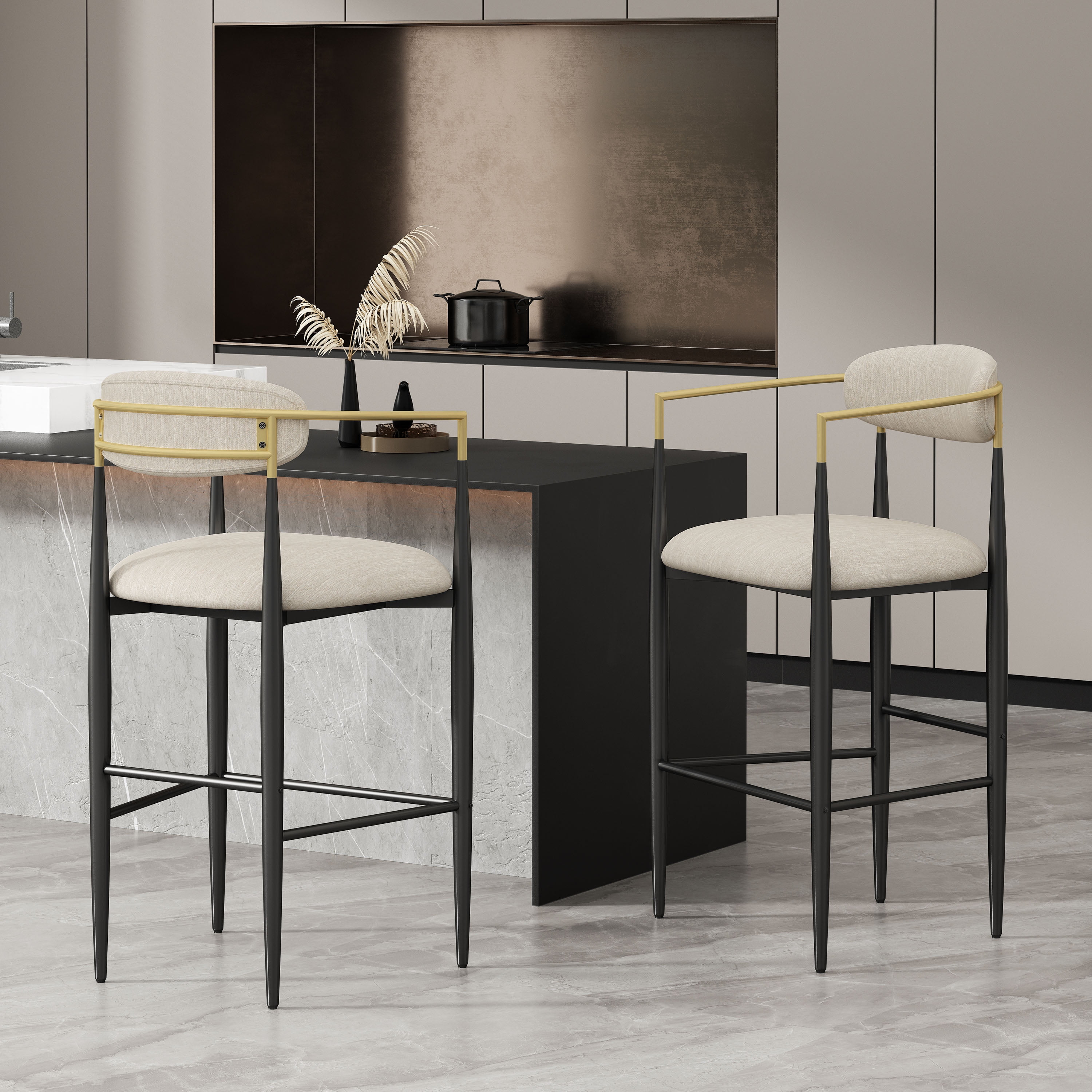 Noble House Boise Fabric and Metal 30 Inch Barstools, Set of 2, Beige, Black, and Gold