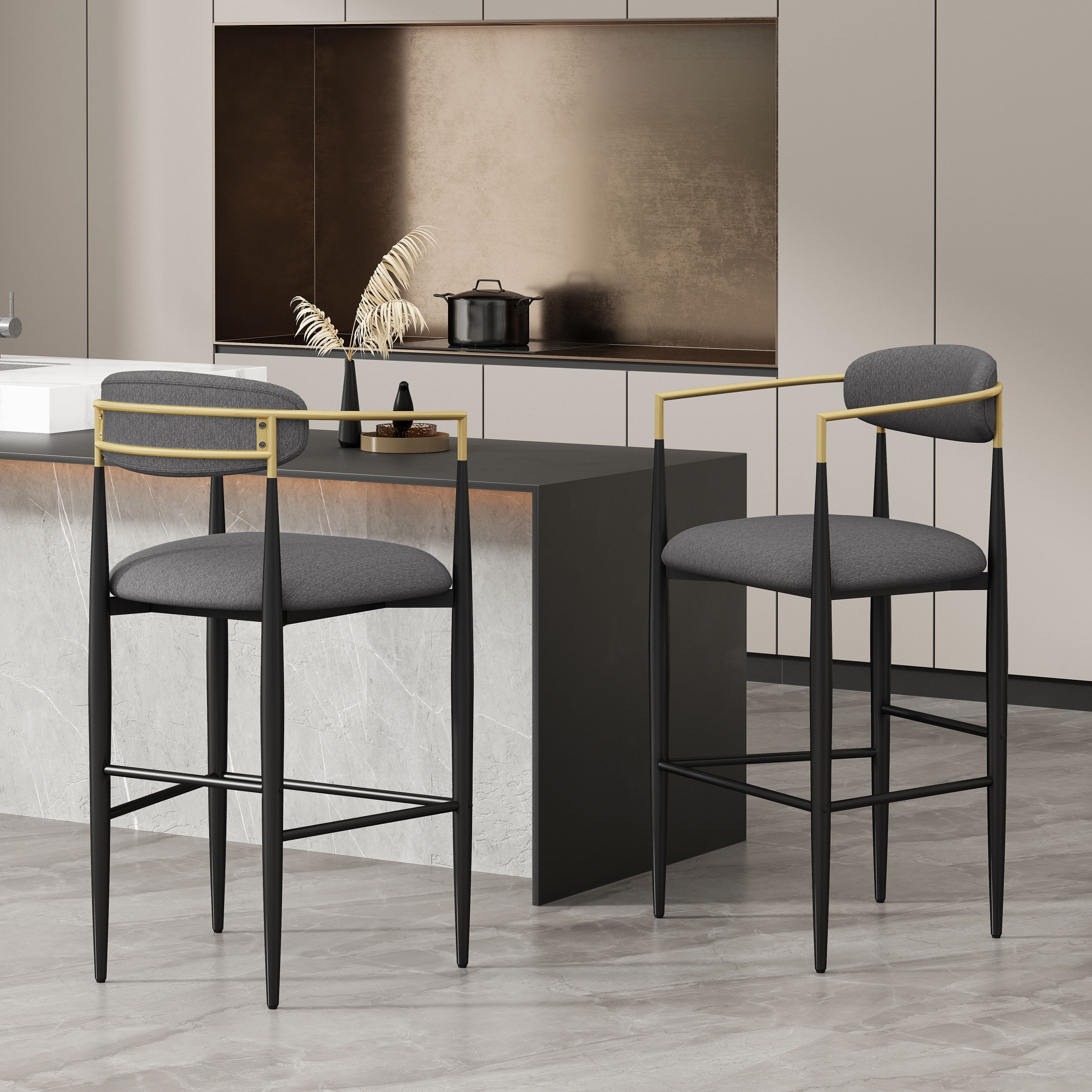 Noble House Boise Indoor Fabric and Metal 30 inch Barstools, Set of 2, Charcoal, Black, and Gold.