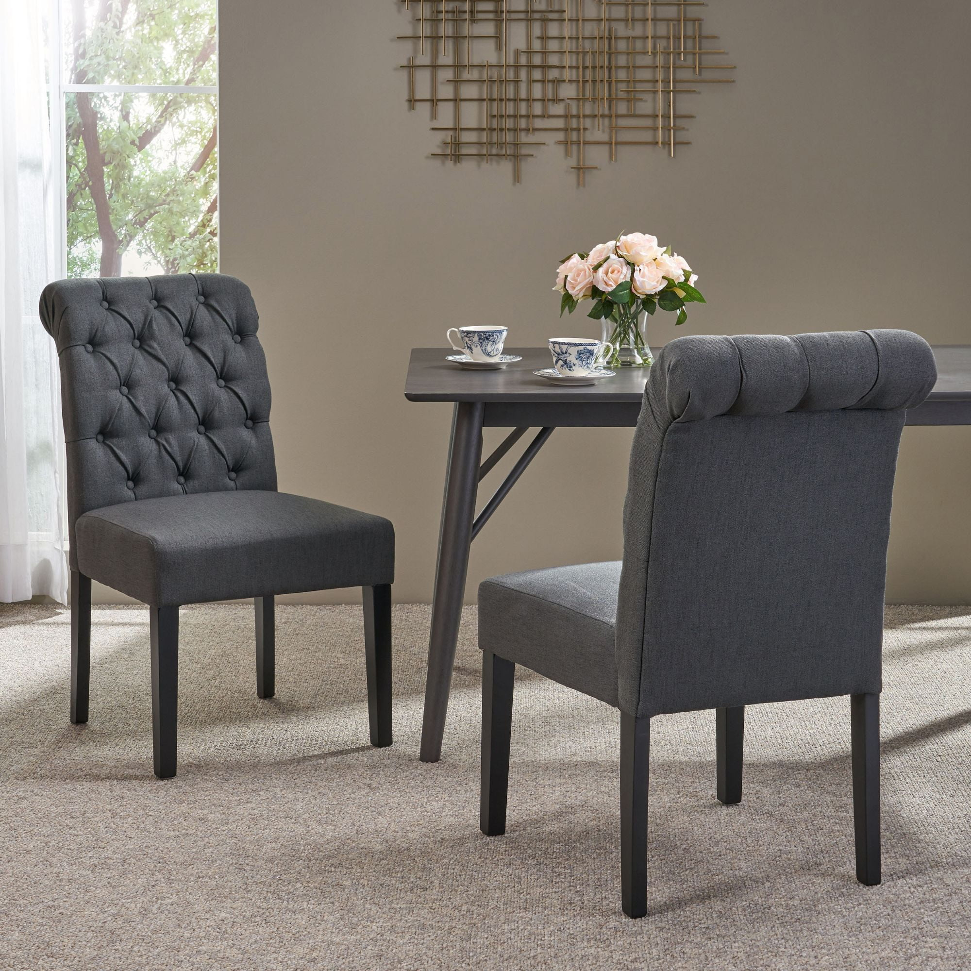 Noble House Broxton Indoor 37.50" Upholstered Dining Chairs, Set of 2, Gray, Matte Black
