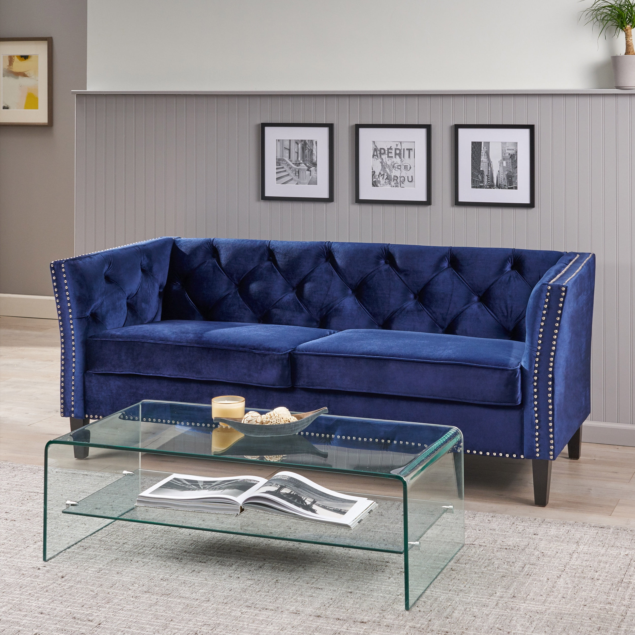 Noble House Claridge Button Tufted Velvet Sofa, Midnight Blue, Dark Brown