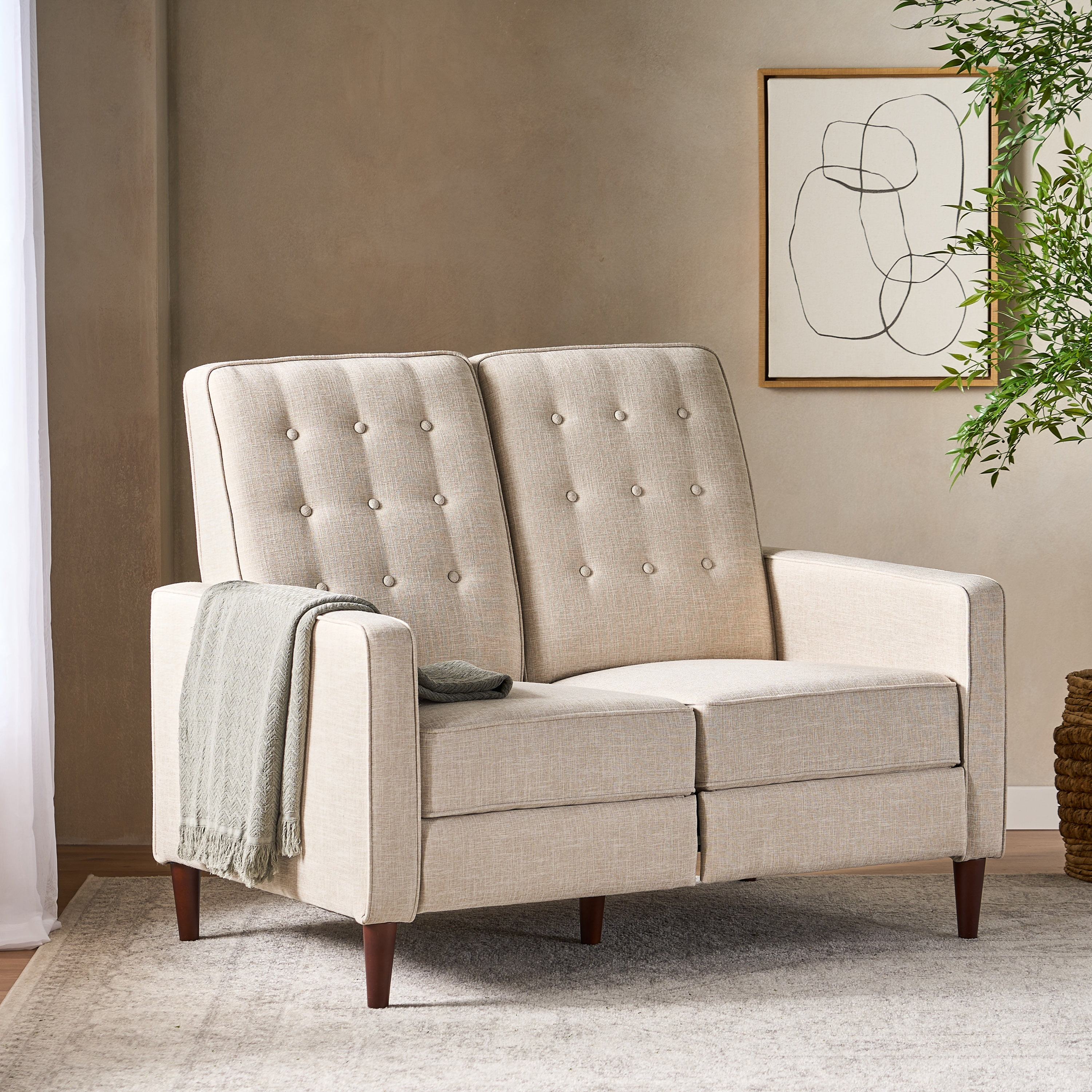 Noble House Craigue Fabric Tufted Loveseat Pushback Recliner, Beige