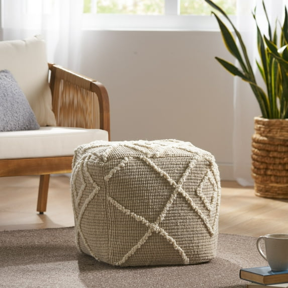 Noble House Cube Geometric Woven Wool Pouf, Off-White