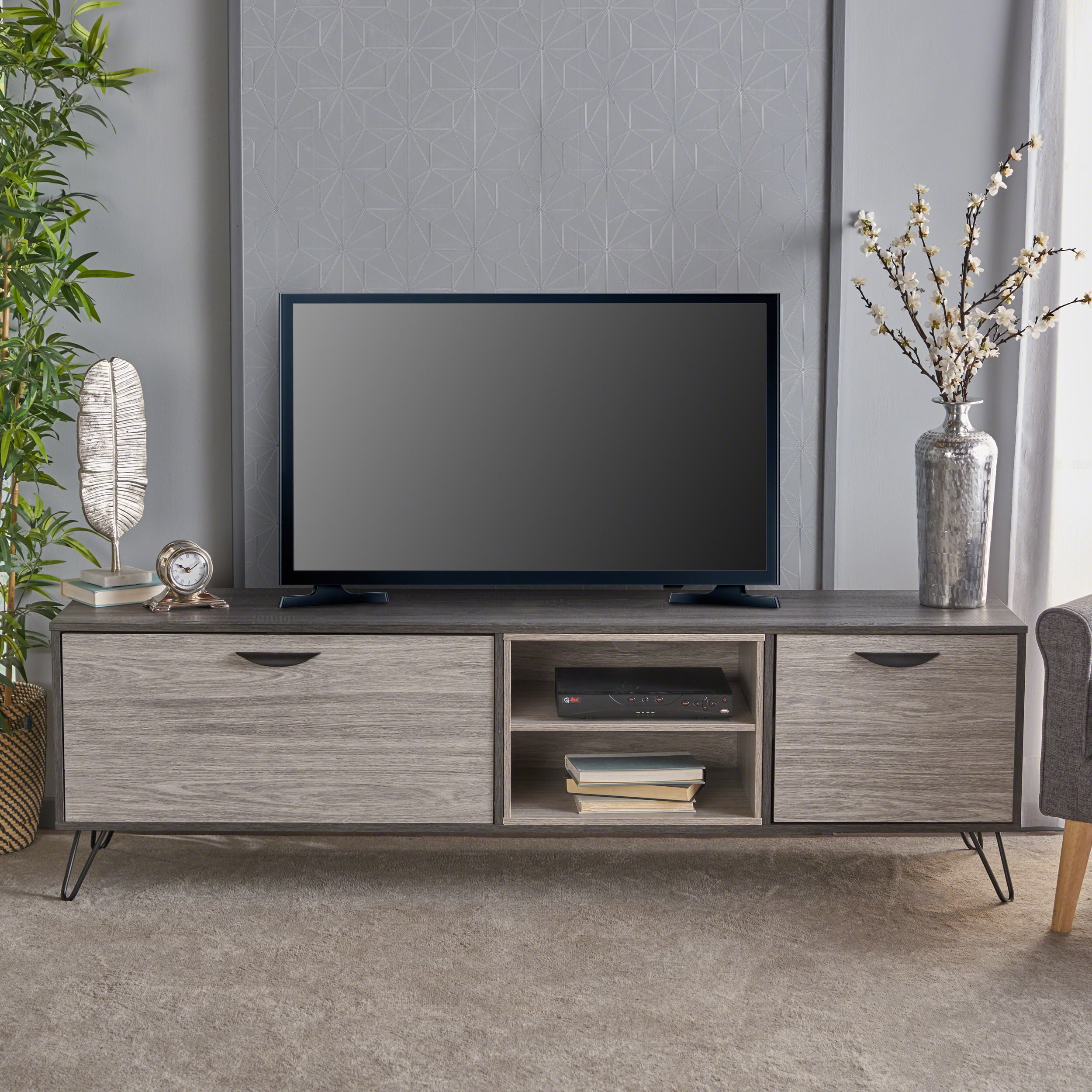 Noble House Cynthia Mid Century Modern Faux Wood TV Stand, Sonoma Grey Oak, Grey Oak, Black