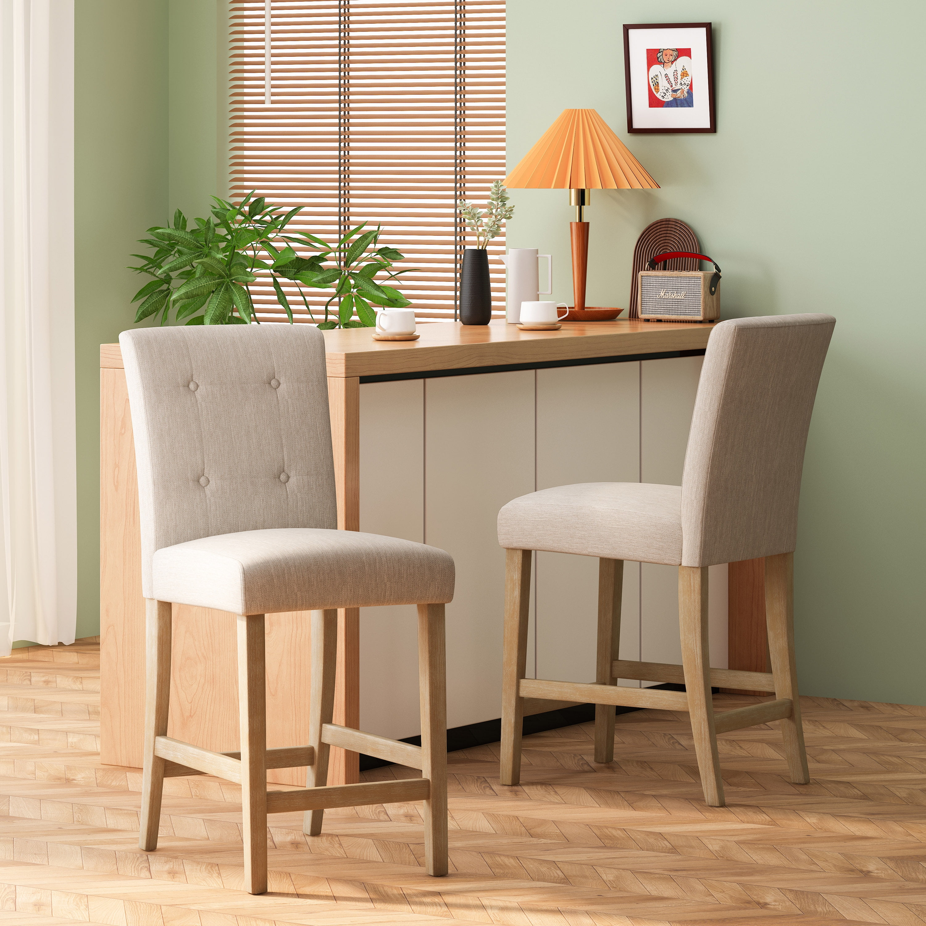 Noble House Darke Fabric Button Tufted Counter Stools, Set of 2, Beige and Weathered Brown