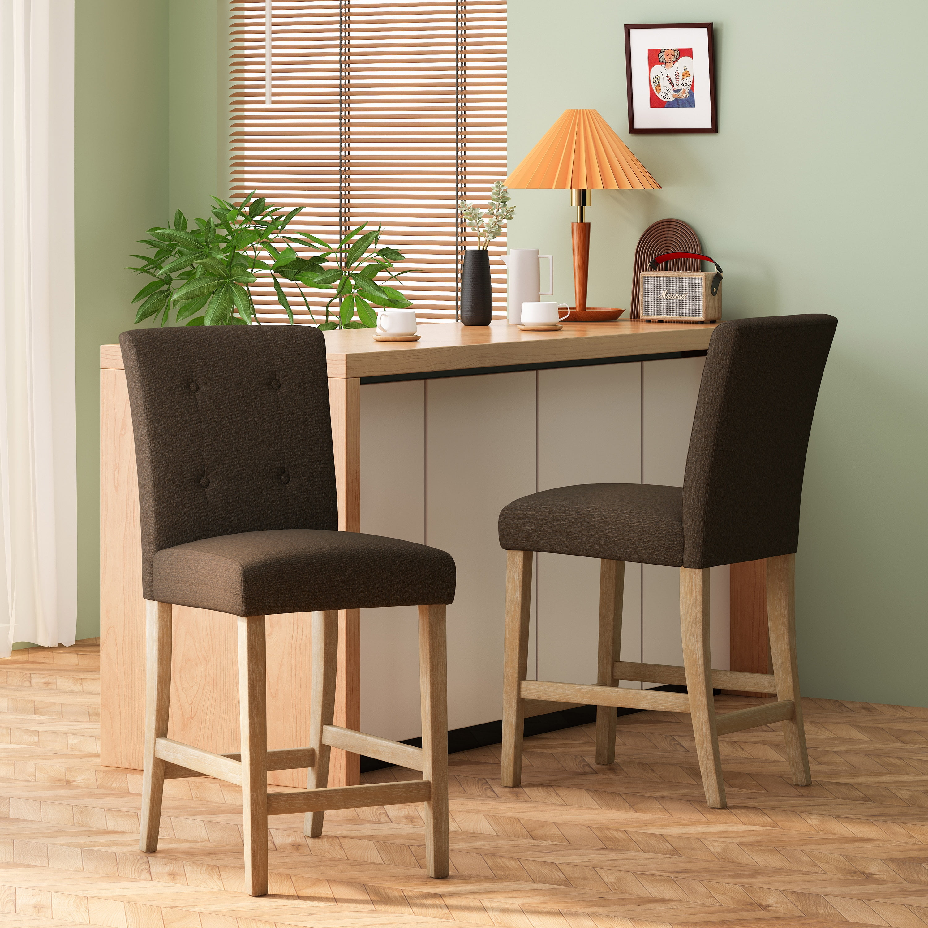 Noble House Darke Fabric Button Tufted Counter Stools, Set of 2, Brown and Weathered Brown