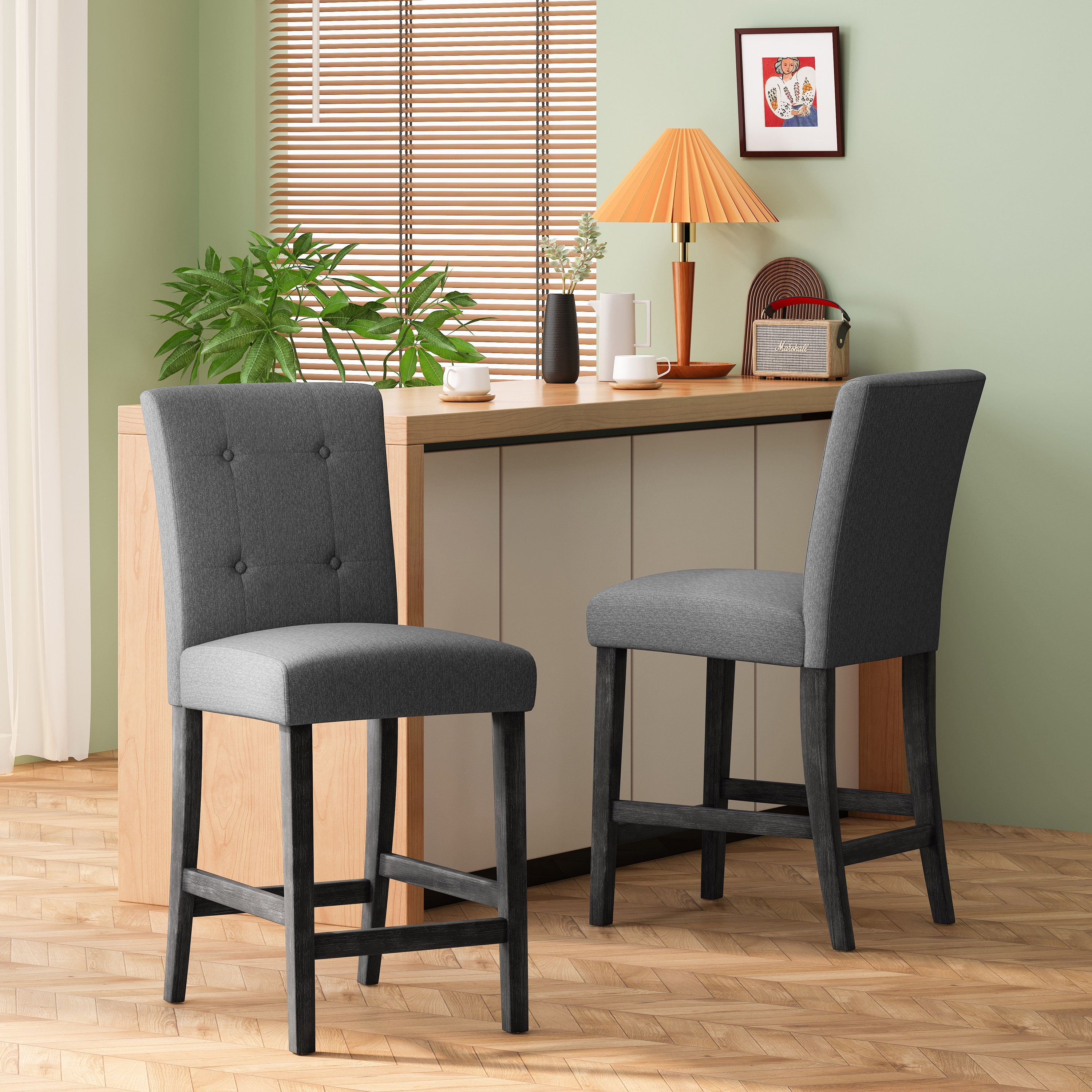Noble House Darke Fabric Button Tufted Counter Stools, Set of 2, Charcoal and Gray