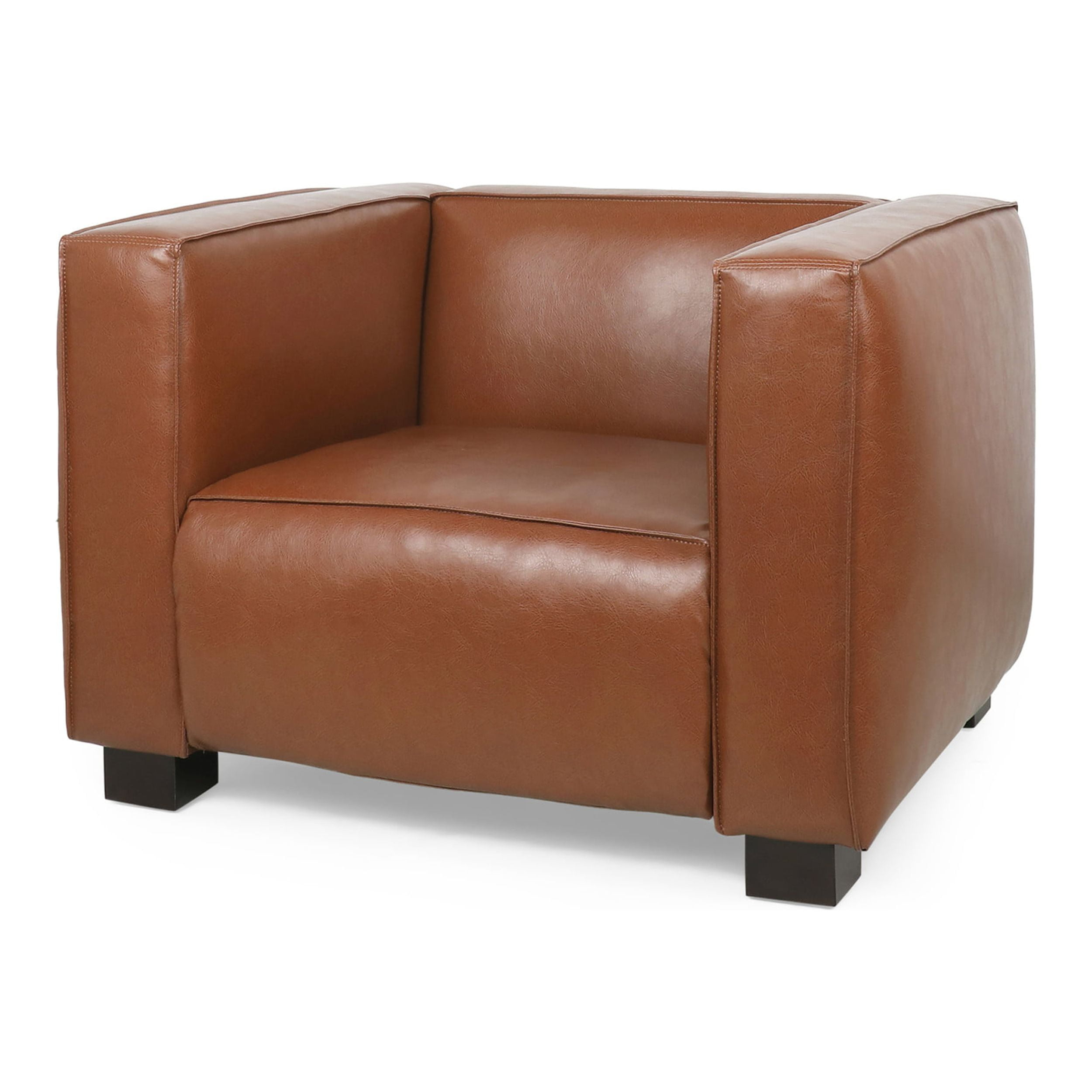 Noble House Denison Faux Leather Club Chair, Cognac Brown and Dark Walnut