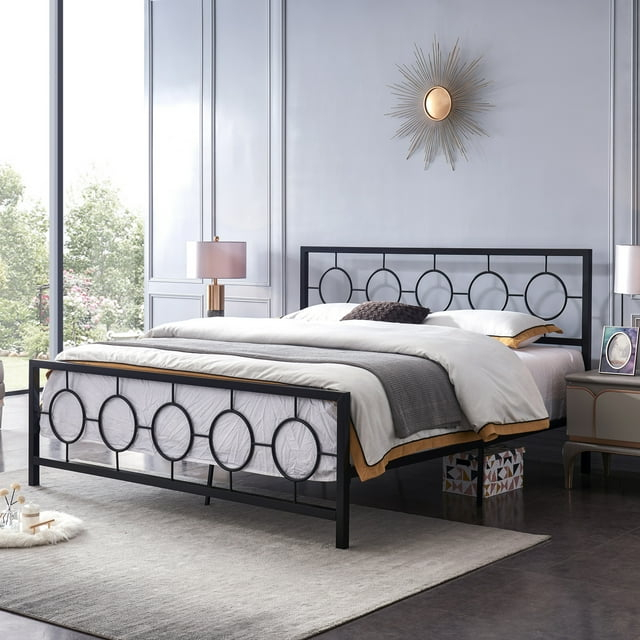 Noble House Ewelina Modern King-Size Iron Geometric Low-Profile Bed Frame, Flat Black